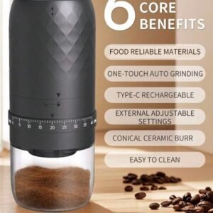 CLITON MINI WIRELESS ELECTRIC COFFEE GRINDER WITH ADJUSTABLE CONICAL BLADES -40 SETUP, RECHARGEABLE BATTERY BEAN GRINDER FOR ESPRESSO, COLD, CASTING, FRENCH TEA, RECHARGEABLE COFFEE GRINDERS FOR HOME USE, TRAVEL COFFEE GRINDER - BLACK