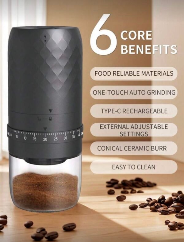 CLITON MINI WIRELESS ELECTRIC COFFEE GRINDER WITH ADJUSTABLE CONICAL BLADES -40 SETUP, RECHARGEABLE BATTERY BEAN GRINDER FOR ESPRESSO, COLD, CASTING, FRENCH TEA, RECHARGEABLE COFFEE GRINDERS FOR HOME USE, TRAVEL COFFEE GRINDER - BLACK